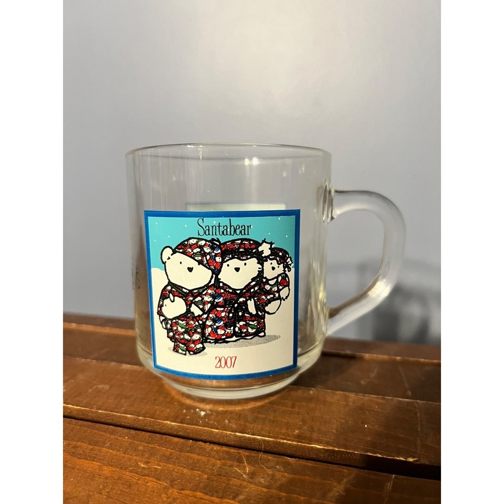 Macy's 2007 Santa Bear Family Glass Mug Christmas Drinkware Dept Store Y2K